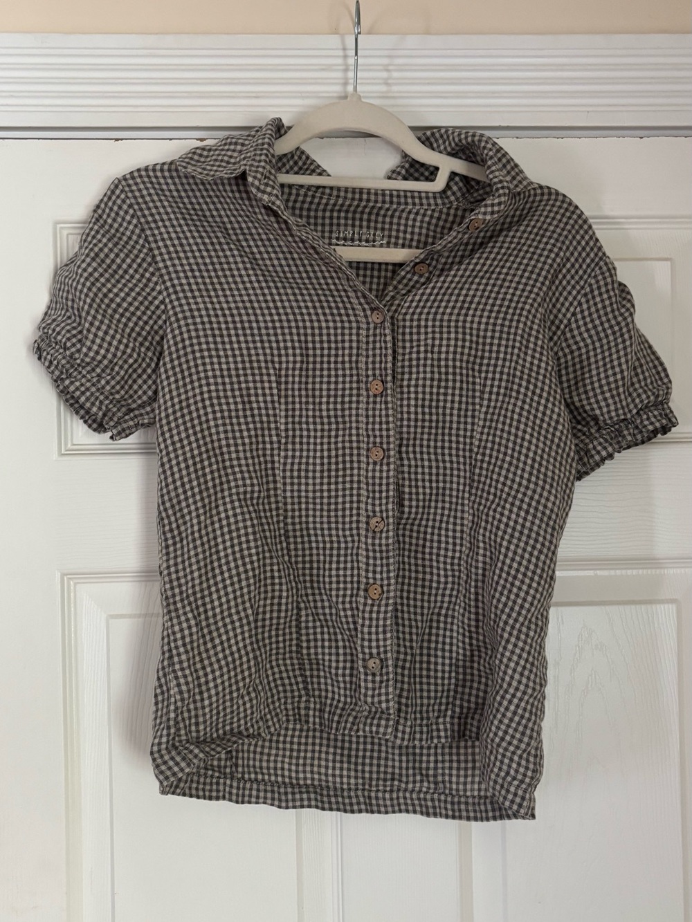 Button-Down Gingham Short Sleeve Shirt - Gray/Brown